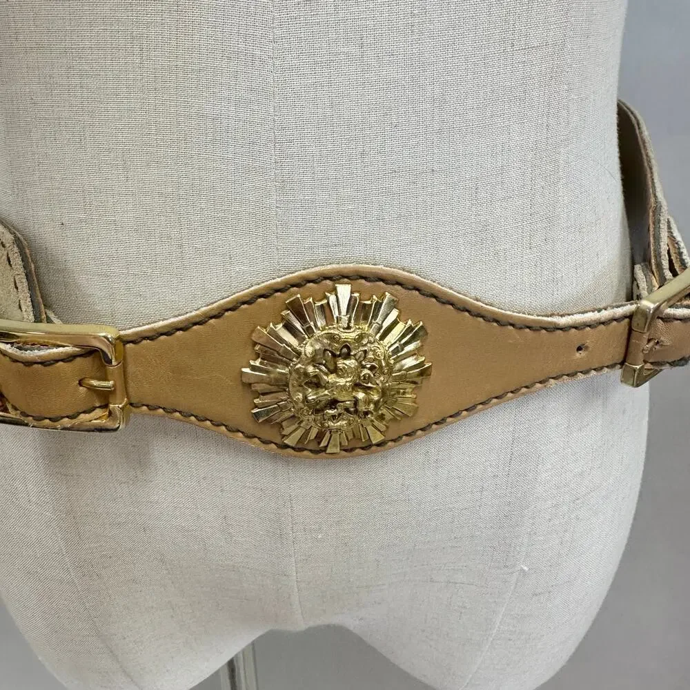 Vintage Suede Leather Waist Belt w/ Gold‎ Lion Medallion Statement Size Large